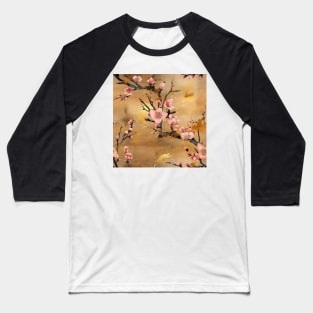 Pink Cherry Blossom Pattern on Gold Background Baseball T-Shirt